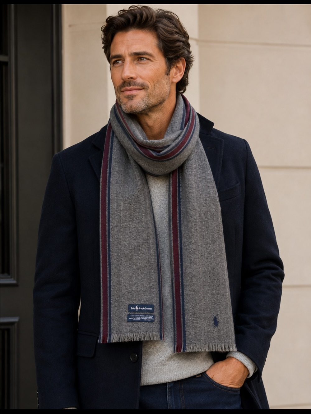 Polo by Ralph Lauren Herringbone Grey Scarf with Navy and Burgundy Wool Logo